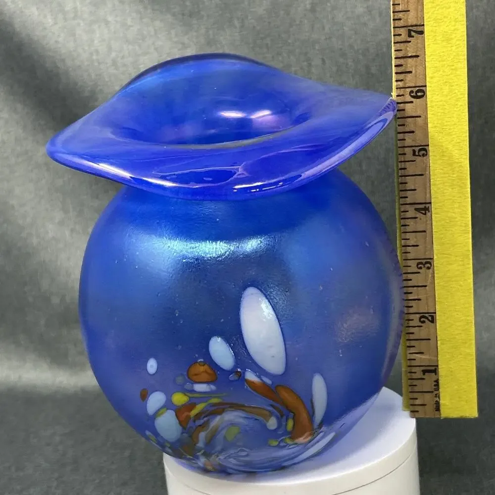 Von Poschinger Germany Blue Iridescent Art Glass Vase Confetti Flared Rim READ